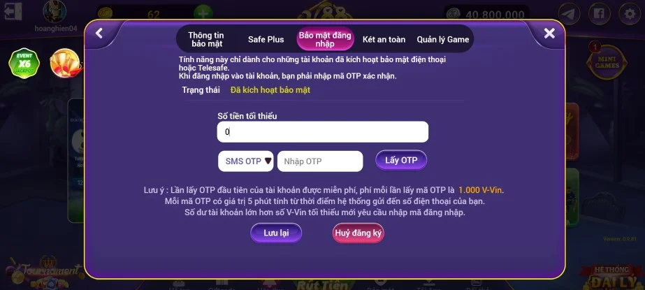 Bảo mật tài khoản V88 bằng mã OTP khi đăng nhập và xác thực thao tác