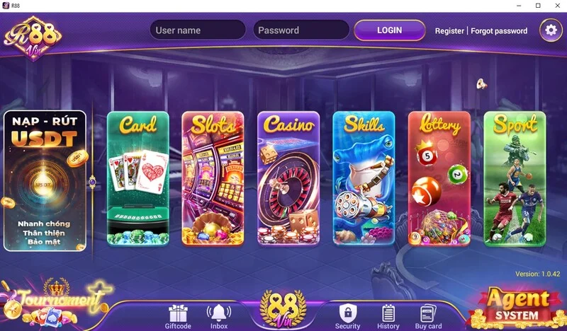 Giao diện tổng quan cổng game R88 trên PC với nhiều danh mục