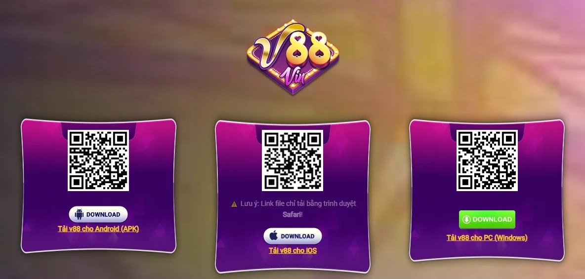 V88 hỗ trợ tải ứng dụng cho Android iOS và PC thông qua nút tải hoặc mã QR
