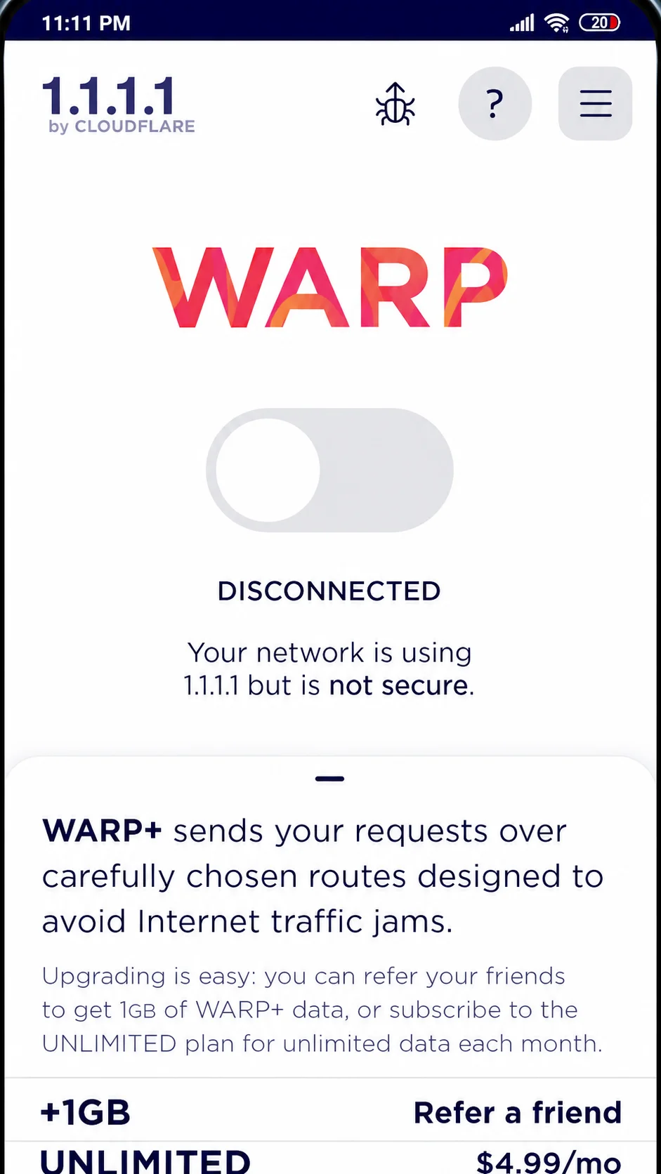 Màn hình 1.1.1.1 WARP đang ở trạng thái chưa kết nối trên Android