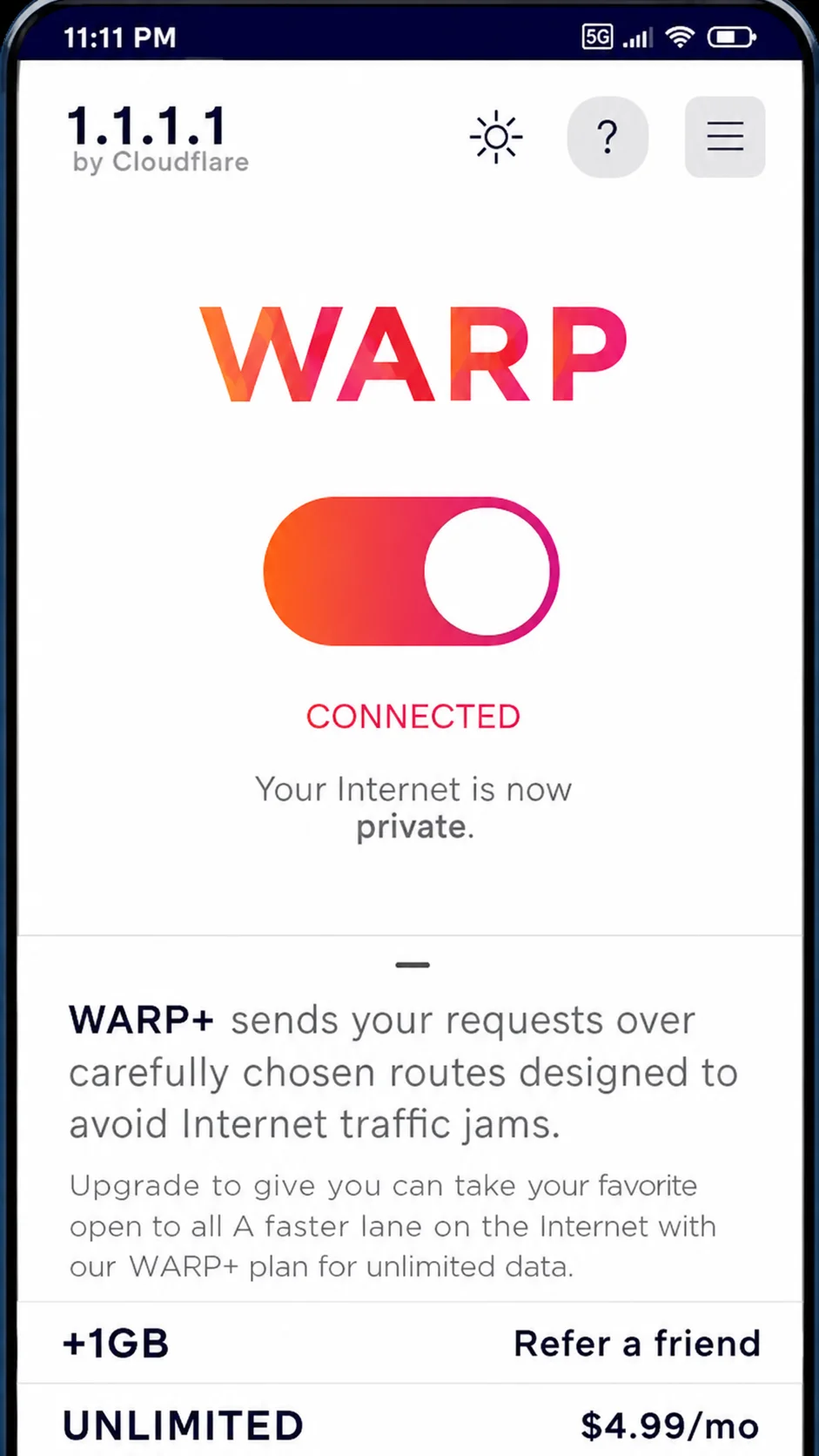 Màn hình 1.1.1.1 WARP đã kết nối thành công trên Android