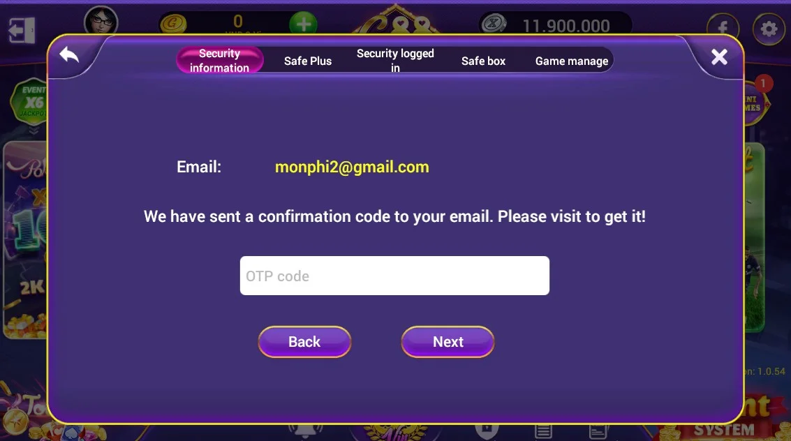 Giao diện nhập mã OTP xác thực Email trong 88Vin