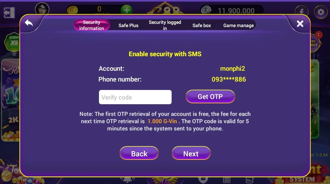 Giao diện lấy mã OTP qua SMS để xác thực số điện thoại bảo mật trong 88Vin