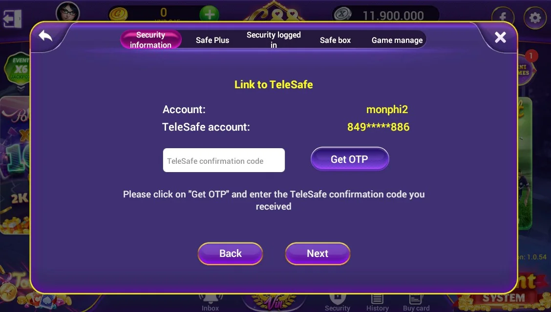 Giao diện lấy mã OTP để liên kết tài khoản TeleSafe với tài khoản 88Vin