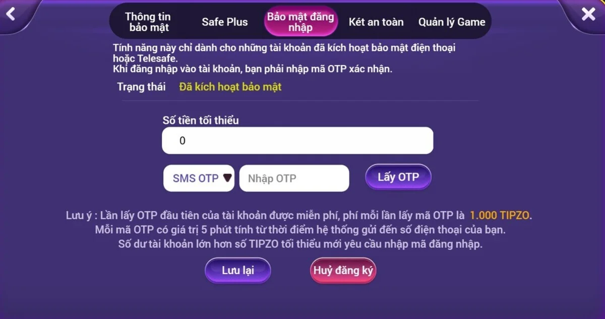 Giao diện cài đặt xác thực OTP khi đăng nhập Tipzo