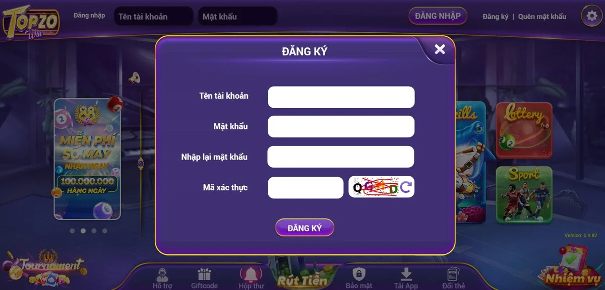 Giao diện đăng ký tài khoản Topzo