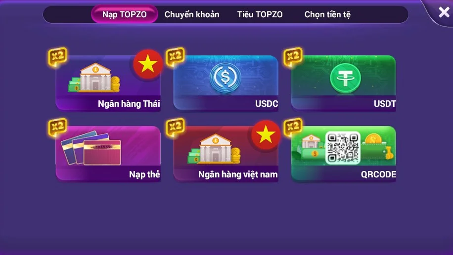 Các phương thức nạp Topzo gồm ngân hàng Việt Nam, ngân hàng Thái, USDC, USDT, nạp thẻ và QR Code