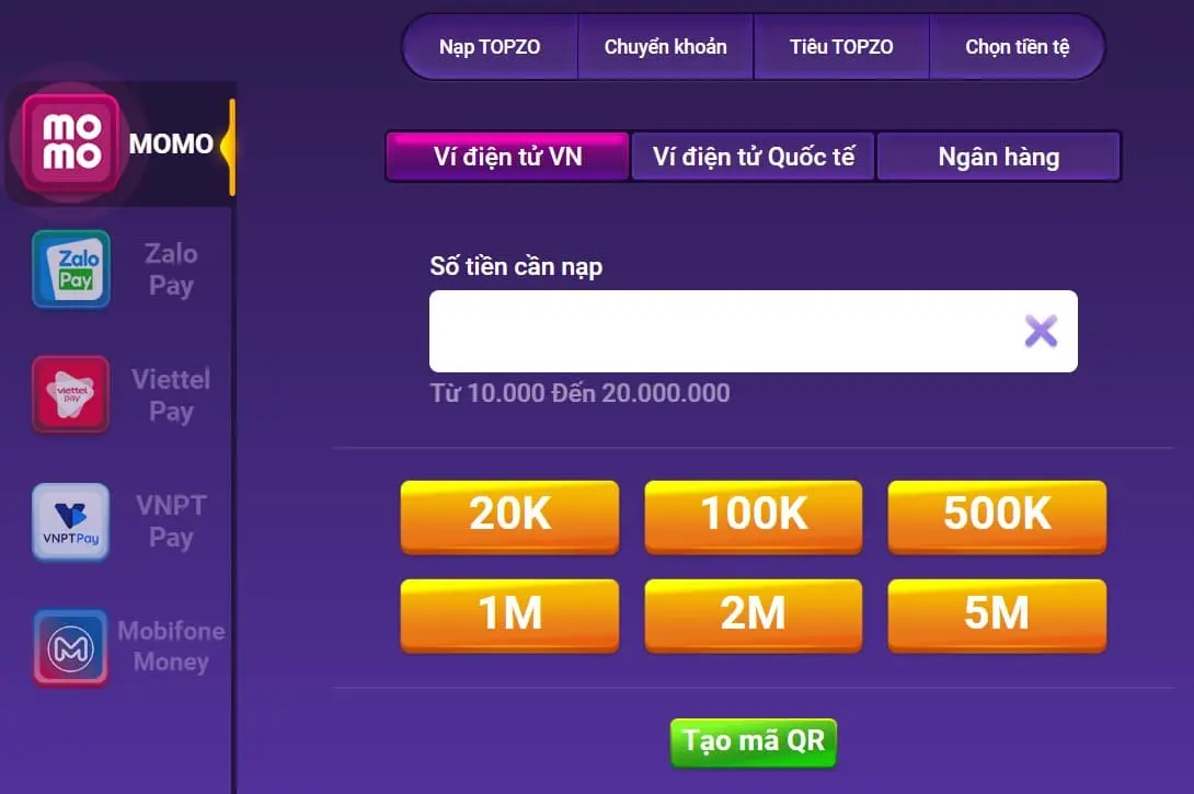 Nạp tiền bằng mã QR nhanh chóng