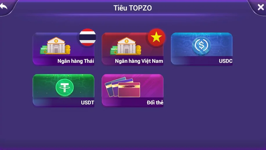 Các phương thức rút và đổi Topzo gồm ngân hàng Việt Nam, ngân hàng Thái, USDC, USDT và đổi thẻ